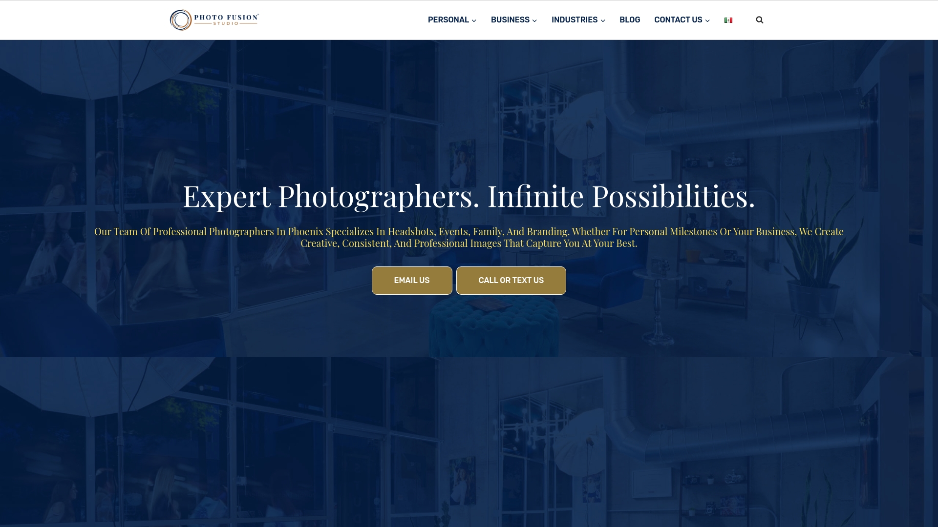 Photographer portfolio homepage with blue hero banner, headline, and two gold call-to-action buttons