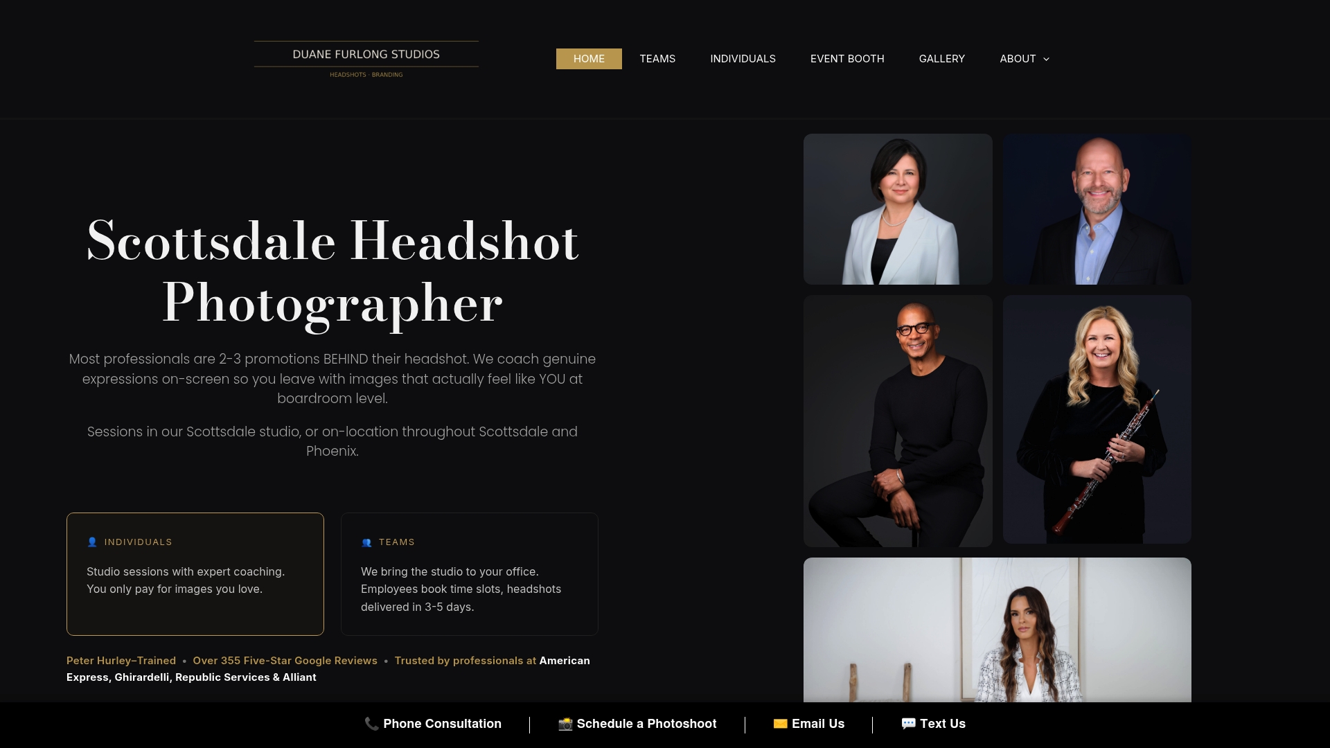 Website homepage for Scottsdale headshot photographer, dark layout with portrait gallery and booking details