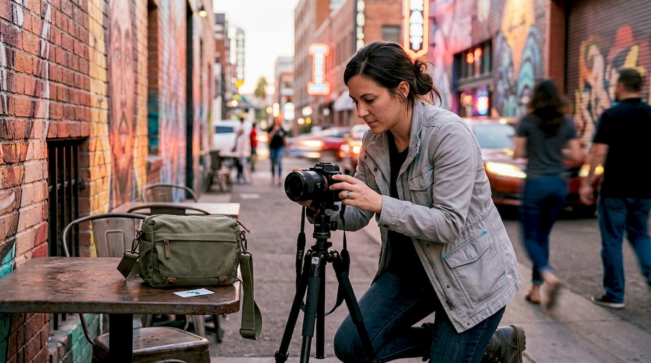 Woman adjusting a camera on a tripod beside a brick wall in a narrow city street