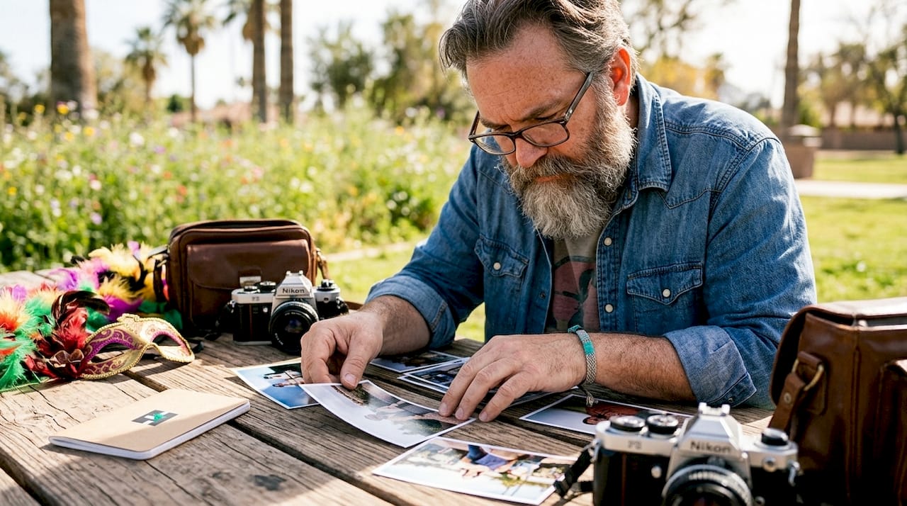Man arranging printed photos on a picnic table outdoors, with flowers and a vintage camera nearby.