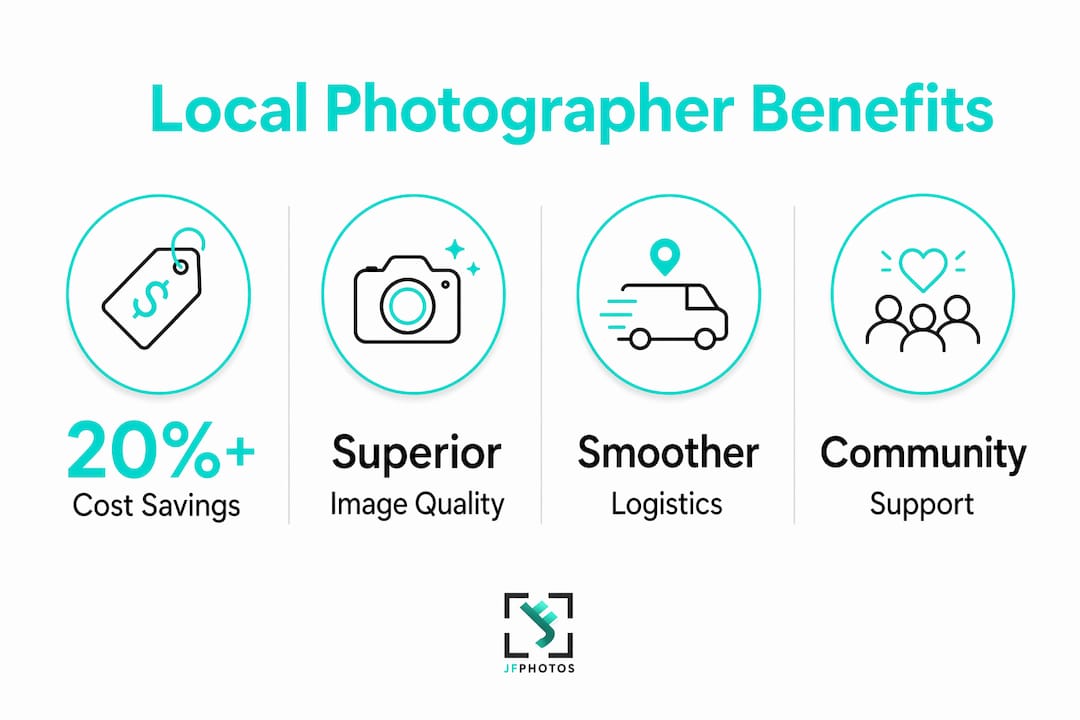 Infographic titled “Local Photographer Benefits” with icons for cost savings, image quality, logistics, and community support