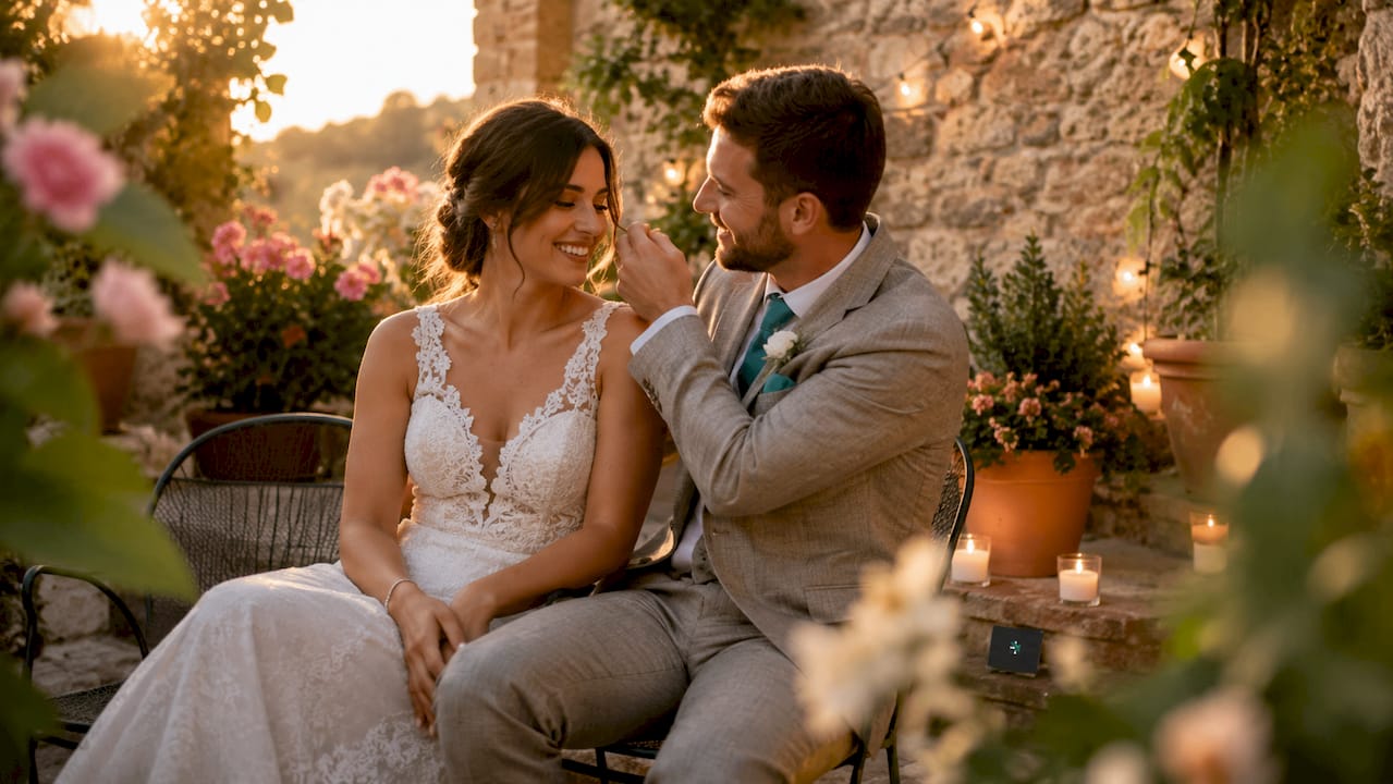 Bride and groom seated outdoors, smiling at each other in a warm garden setting