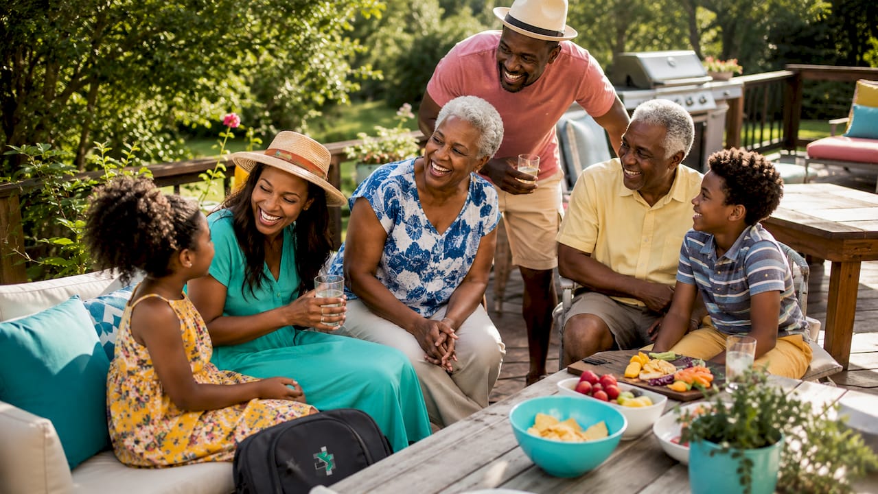 Friends chatting and laughing outdoors around a picnic table with bowls of fruit and snacks