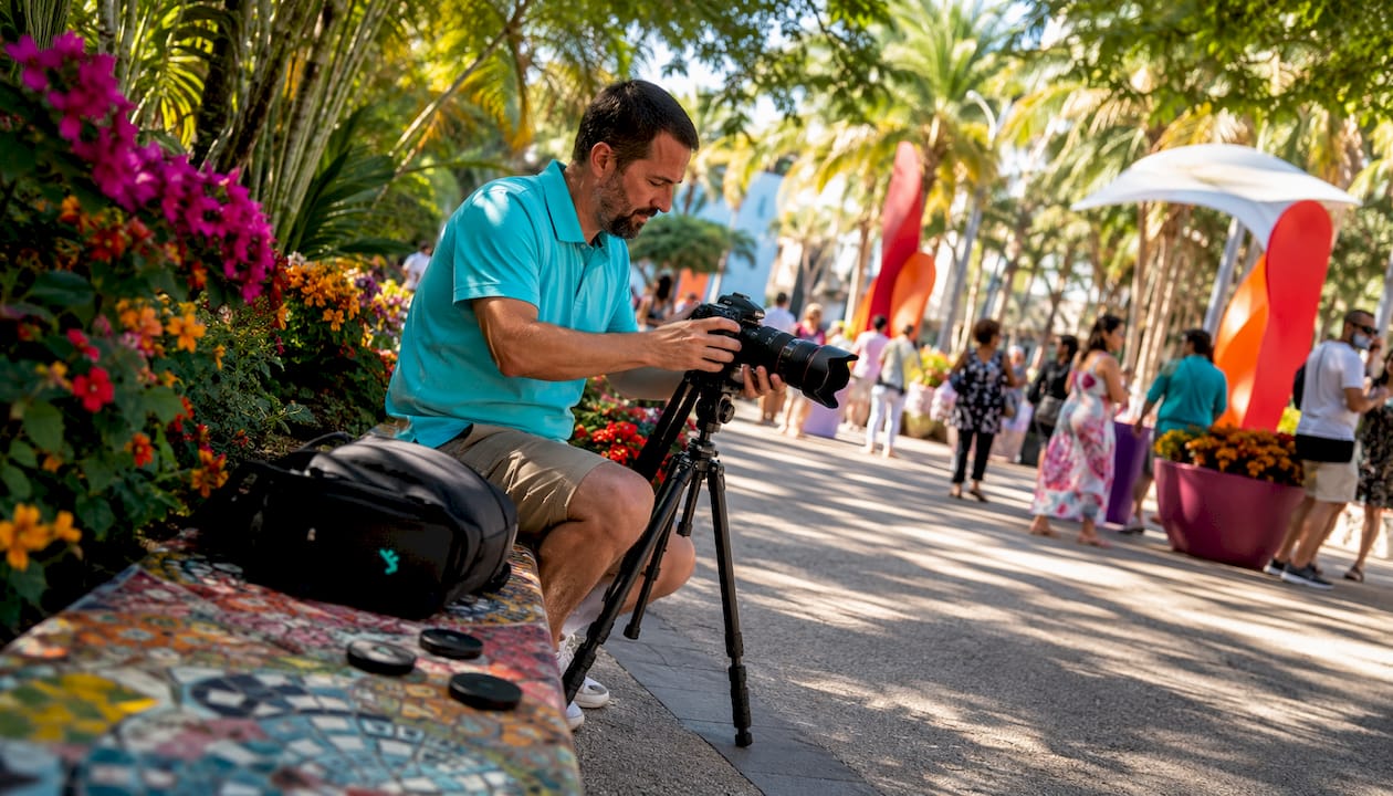 Man adjusting a camera tripod on a sunny palm-lined walkway with colorful flowers and pedestrians