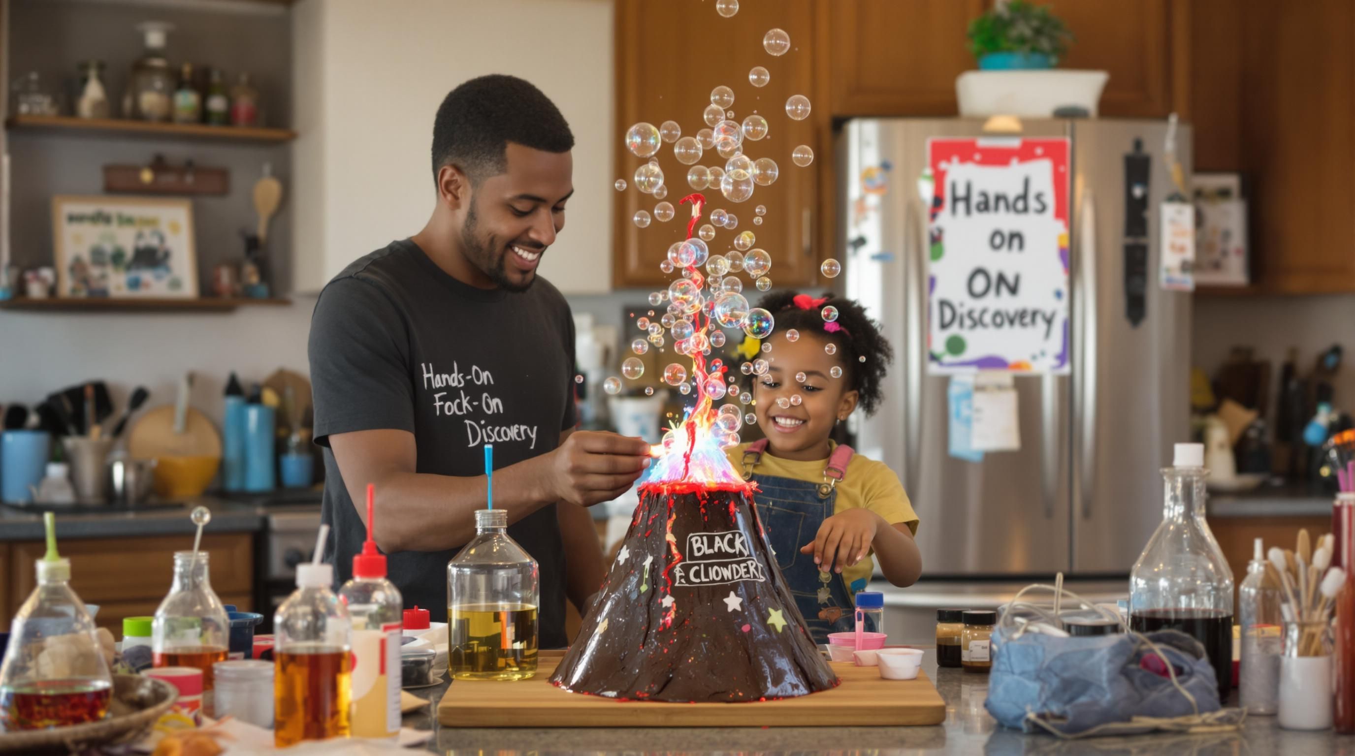 Family doing kitchen science experiment with 'Hands-On Discovery' poster
