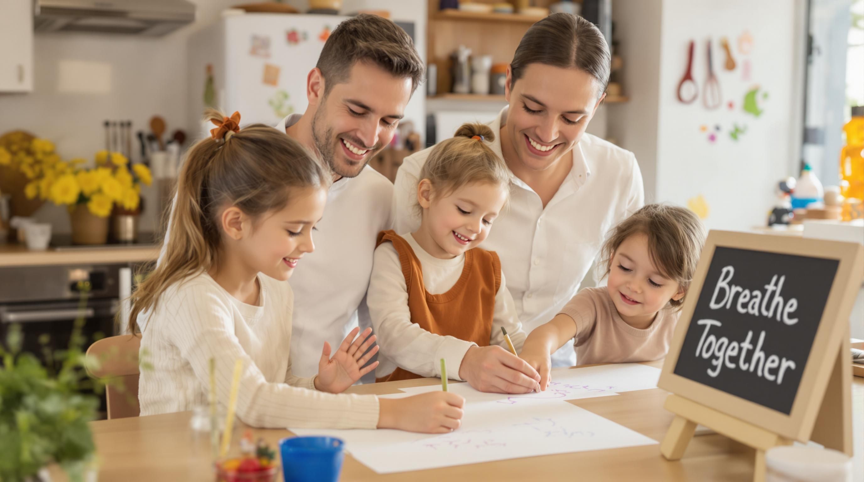 Family at kitchen table practicing starfish breathing with 'Breathe Together' chalkboard