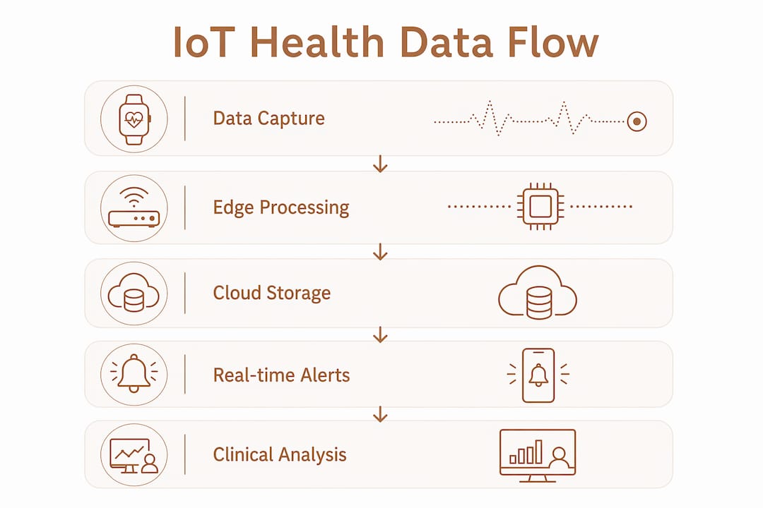 Infographic displaying five stage IoT health data flow process