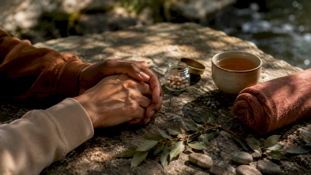 Hands and stress relief items on table