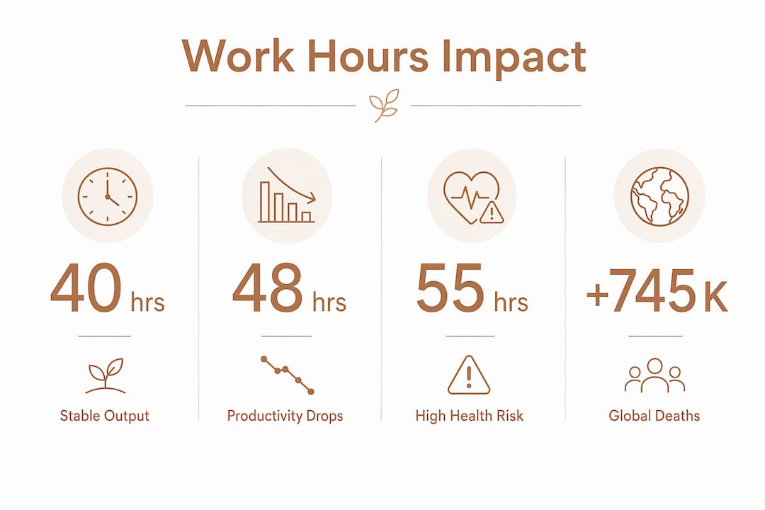 Infographic showing work hours and health impact statistics