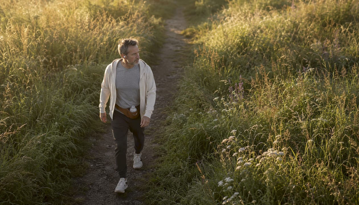 Man walking briskly in park morning exercise
