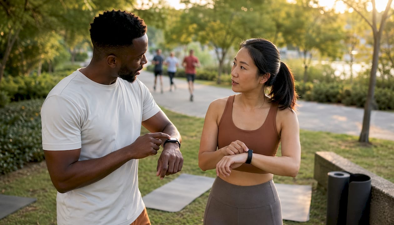 Two fitness partners discussing goals outdoors
