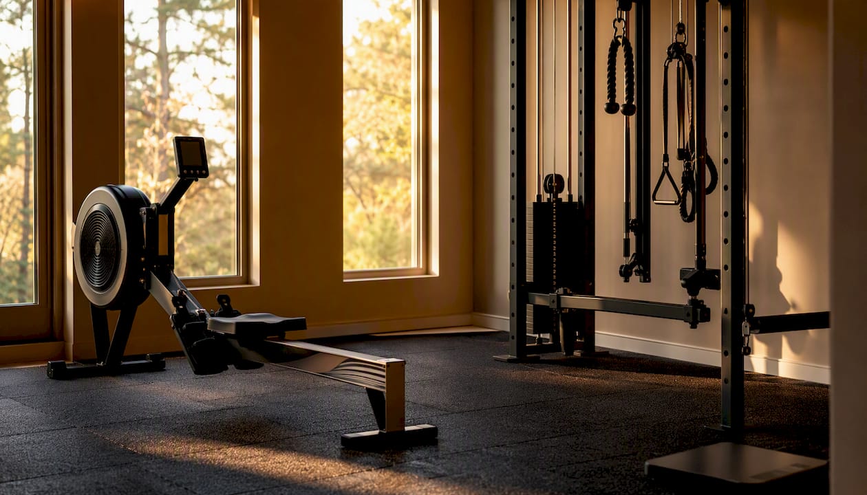 Rowing machine and cable station in home gym corner