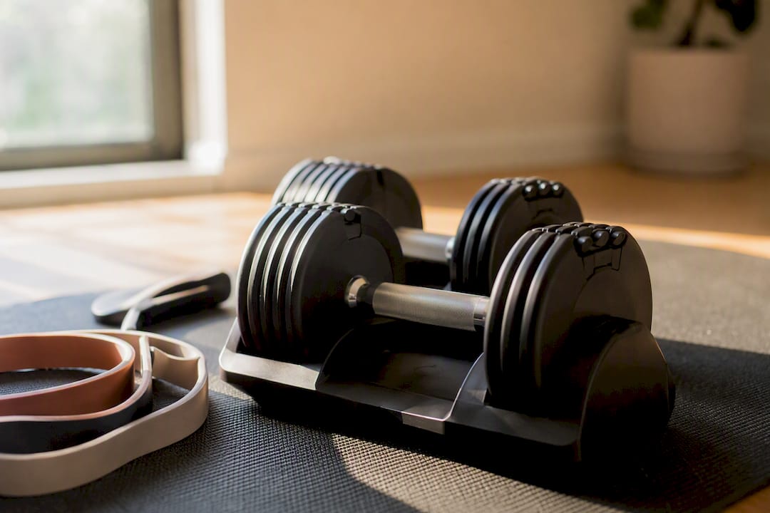 Adjustable dumbbells and resistance bands on exercise mat