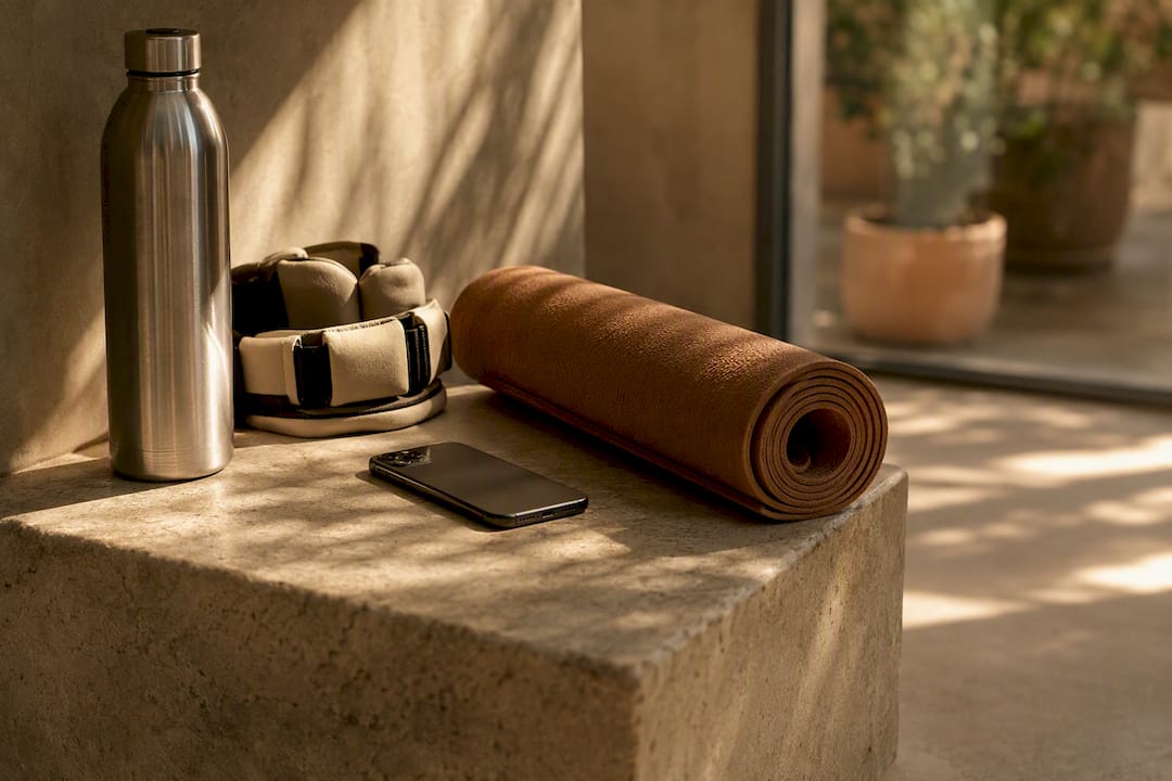 Smartphone and fitness accessories on gym shelf