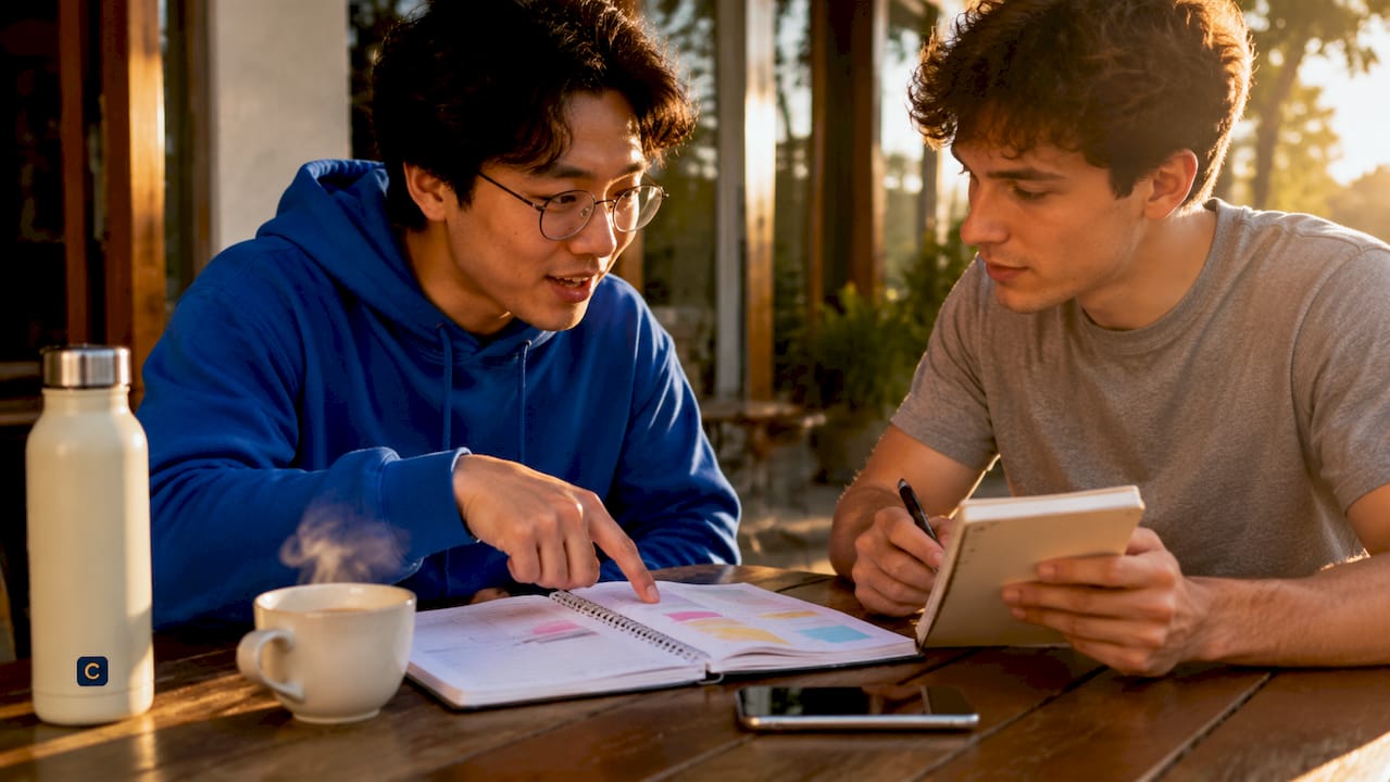 Two students discussing task allocation methods at café