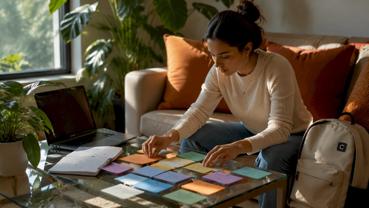 Hands arranging weighted task cards on desk