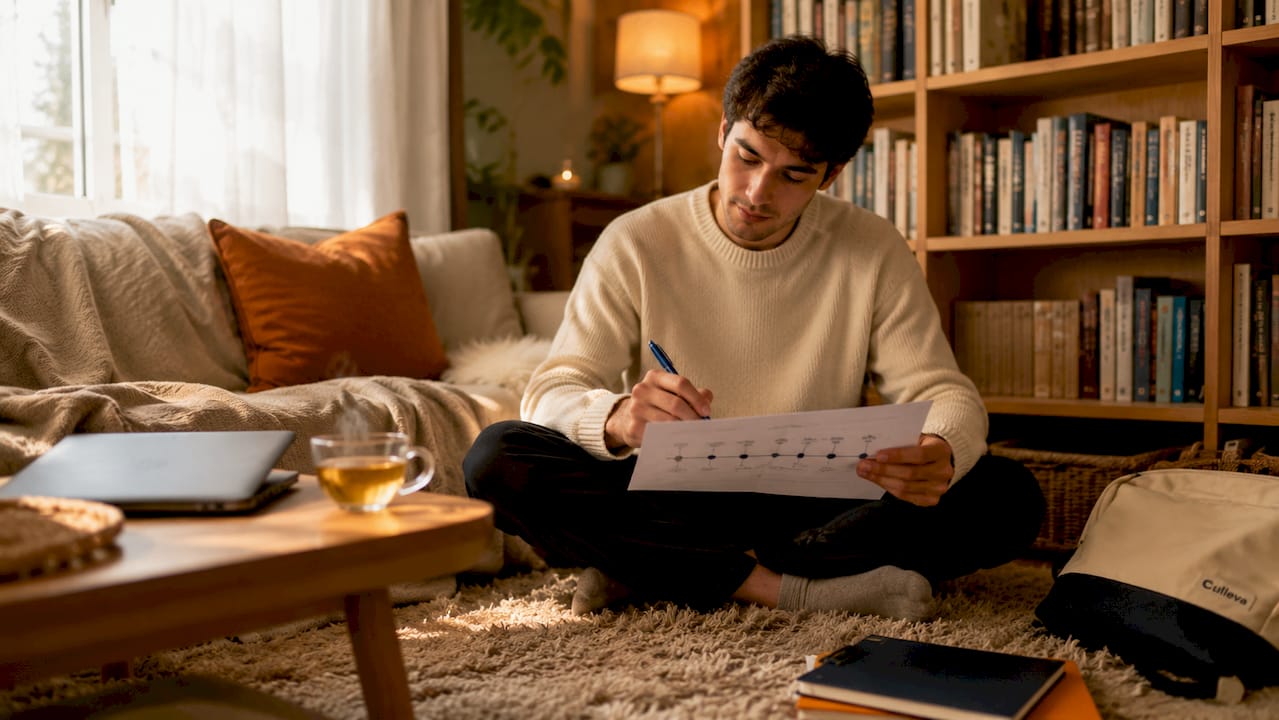 Student setting deadlines on paper at dorm room desk