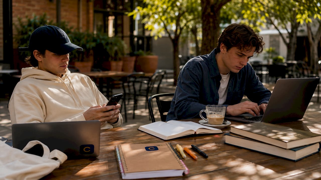 Students showing mismatched commitment at café table