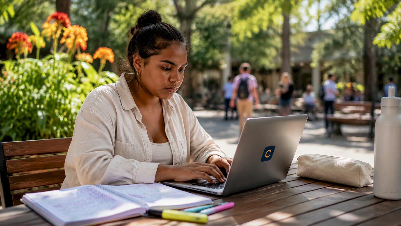 Student typing on laptop in library nook