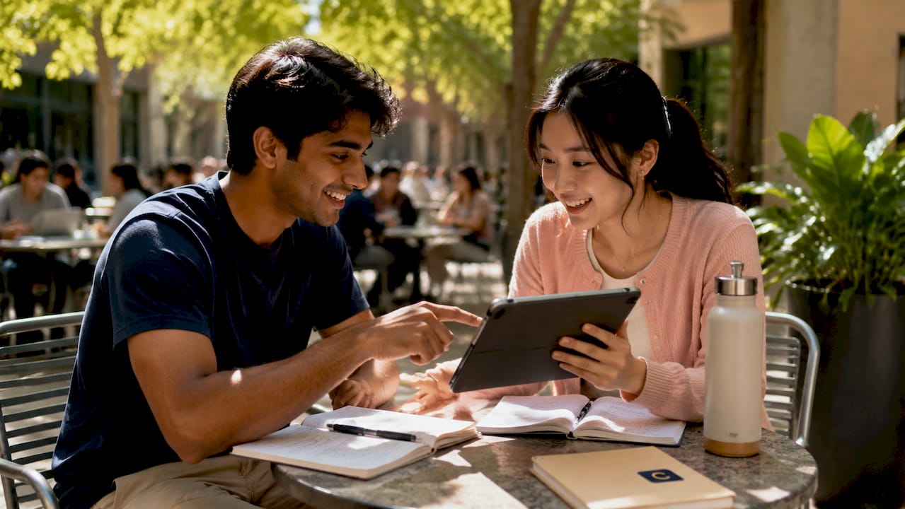 Diverse students discussing university tools