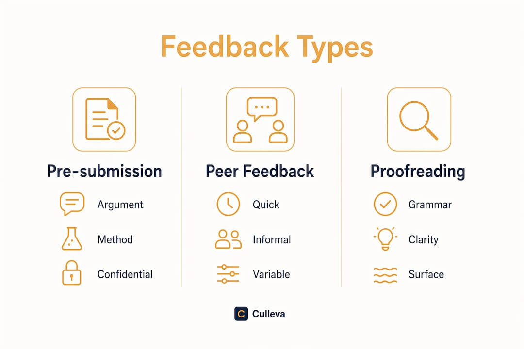 Infographic comparing pre-submission, peer feedback, and proofreading