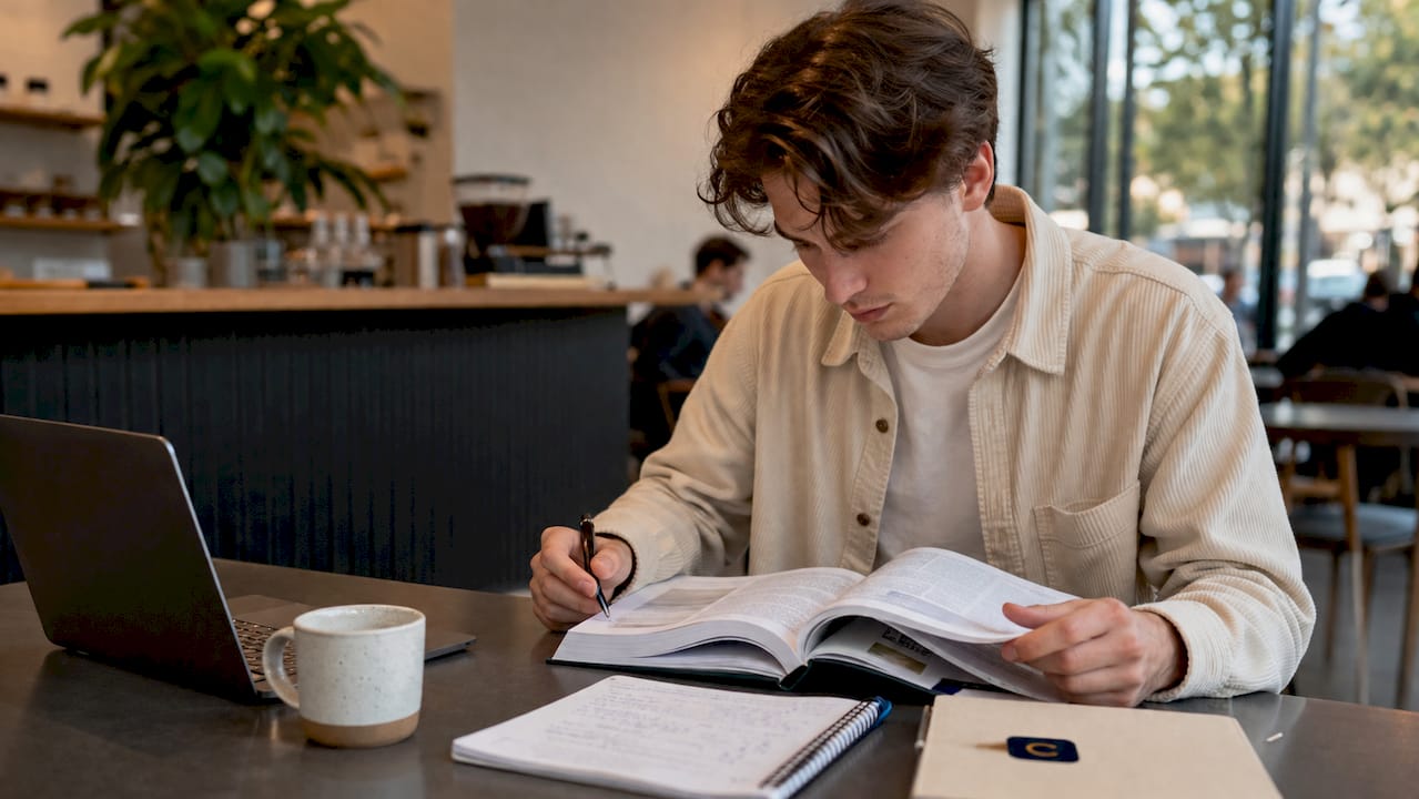 Student’s hands on notes in dorm room study setup
