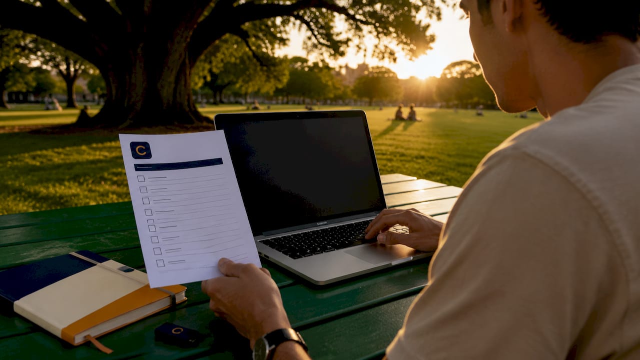 Hands holding checklist beside laptop keyboard