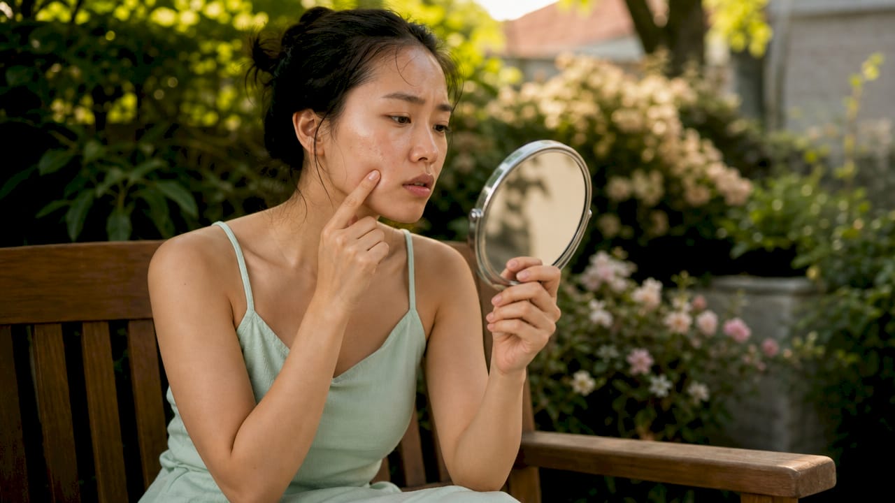 Woman examining skin and treatment samples