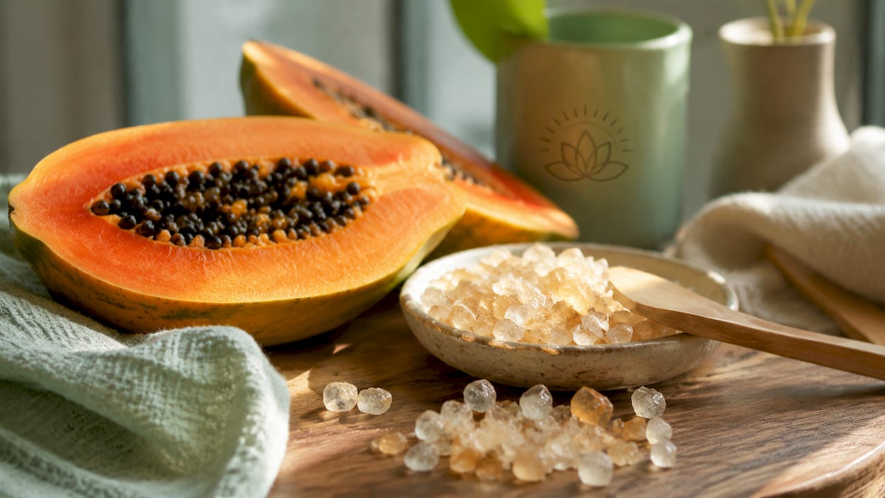 Close-up papain enzyme crystals and papaya slice