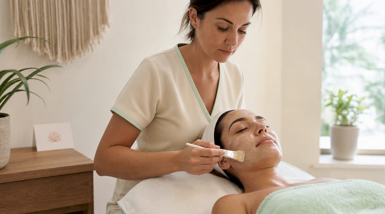 Esthetician applying exfoliating mask to client’s oily skin