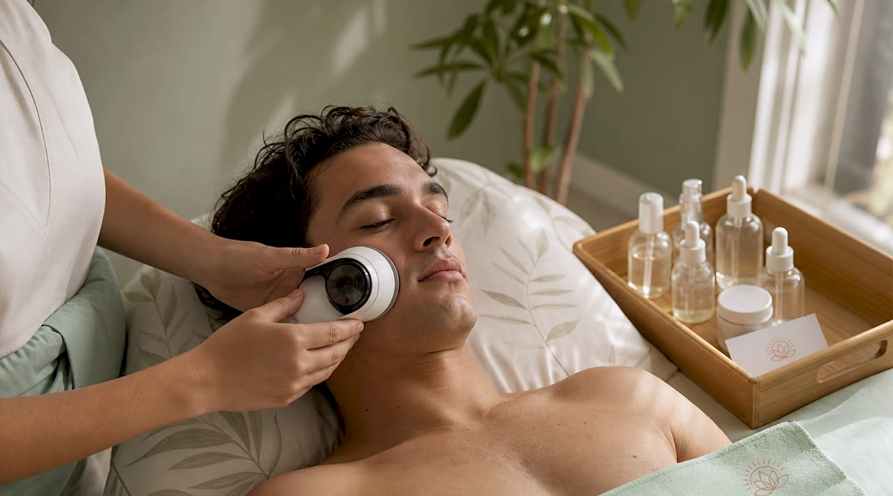 Close-up of skin analyzer and esthetician hands