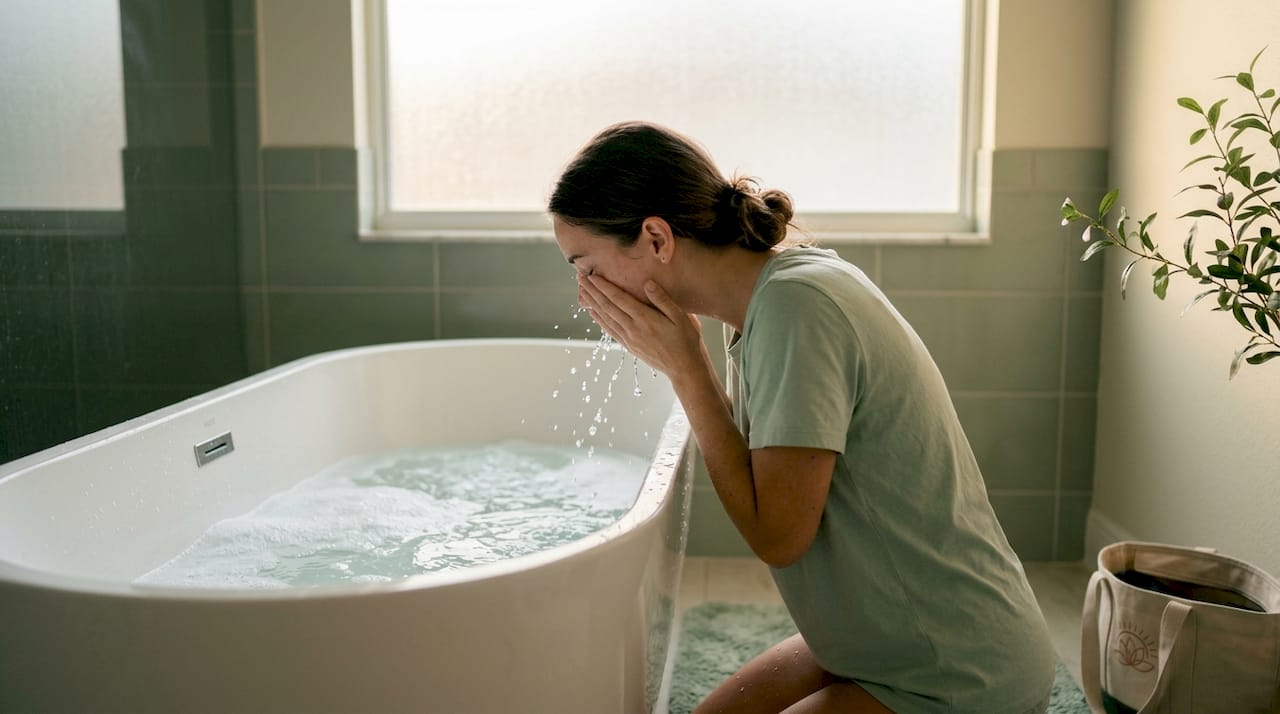 Hands rinsing face with water at sink