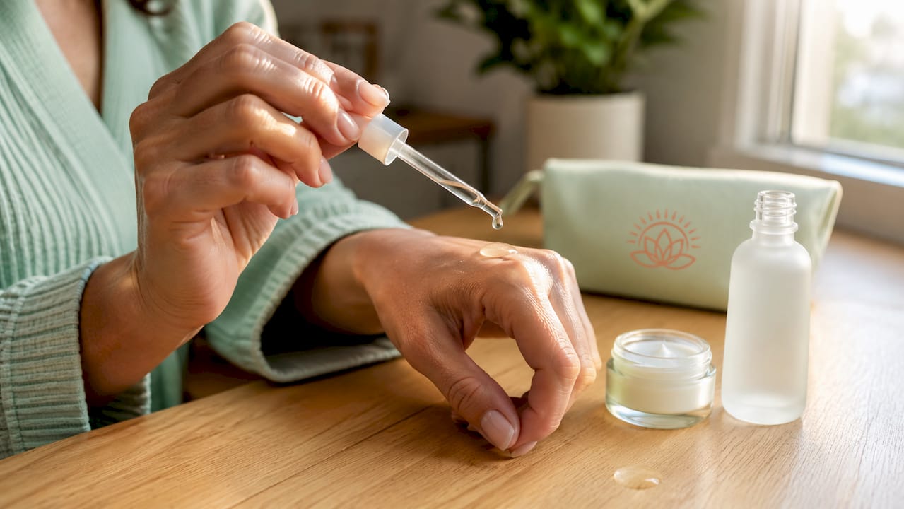 Hand applying hydrating serum to skin