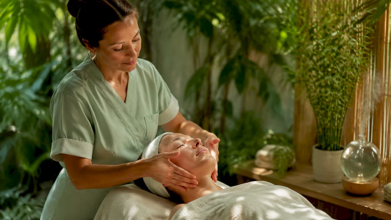 Close-up of hands performing lymphatic facial massage