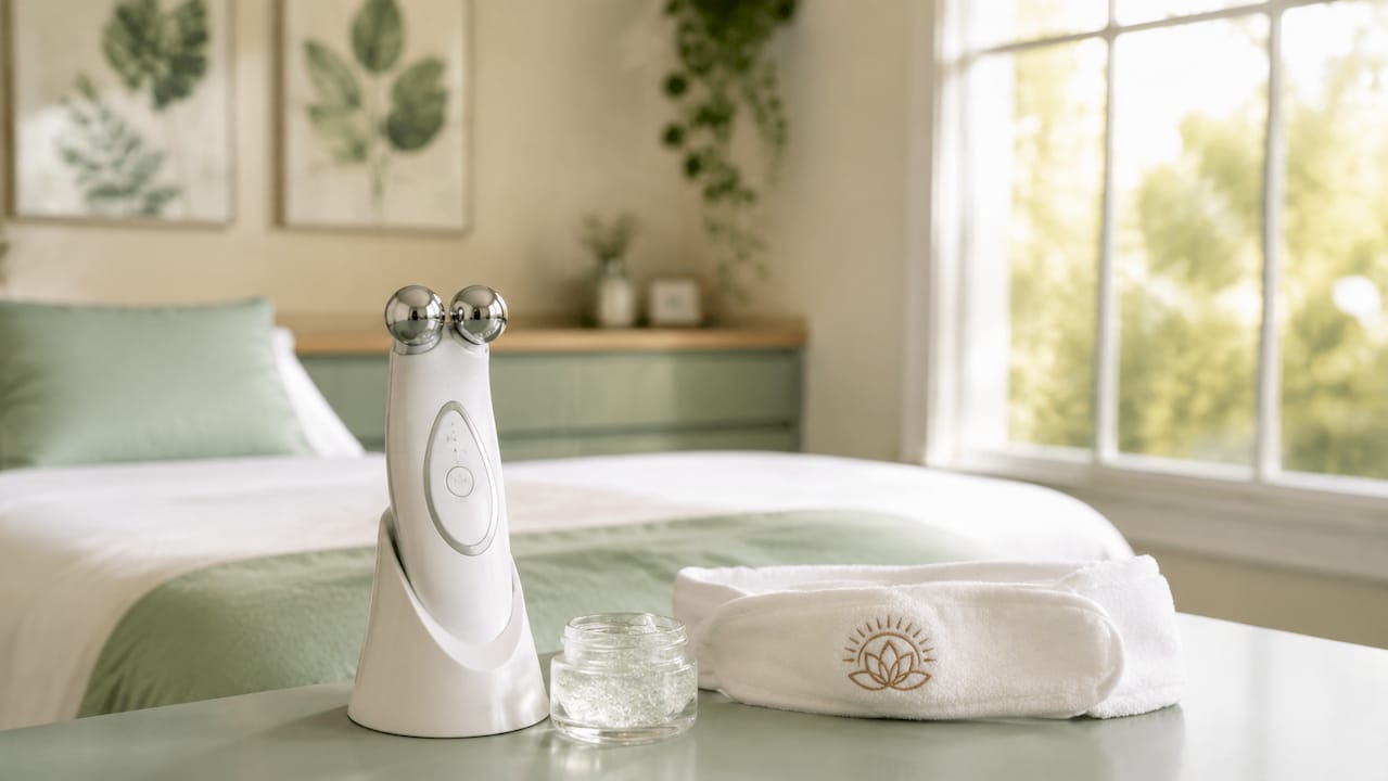 Close-up of microcurrent facial therapy device and gel