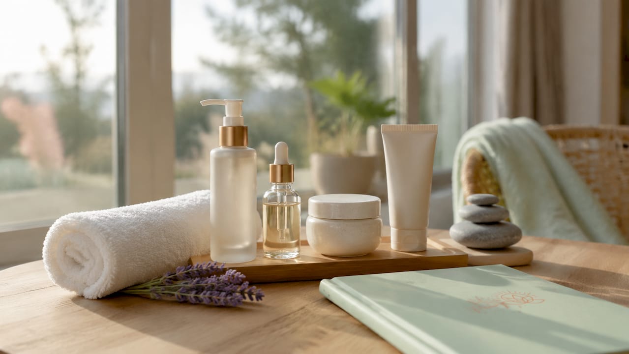 Key mature skincare products on countertop