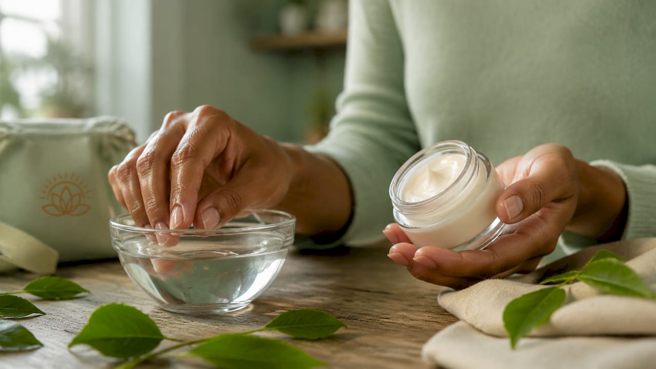 Hands demonstrating hydration vs moisture with skincare products