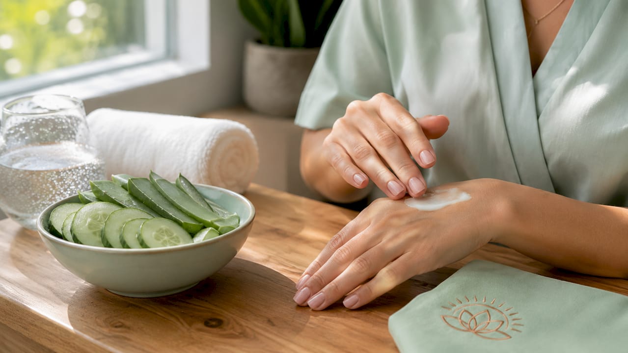 Hands applying moisturizer next to fresh skincare ingredients