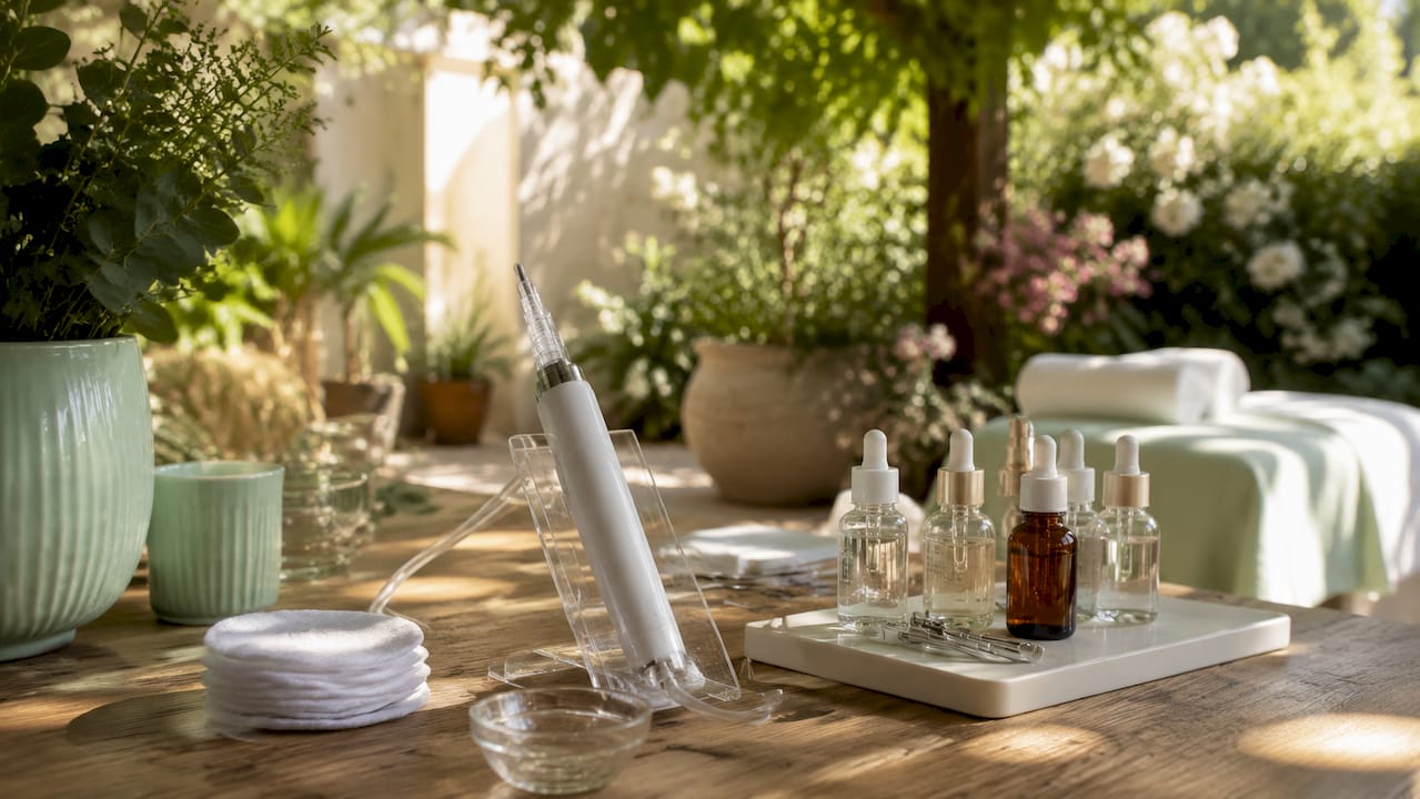 Close-up of exfoliation tools and skincare serums on countertop