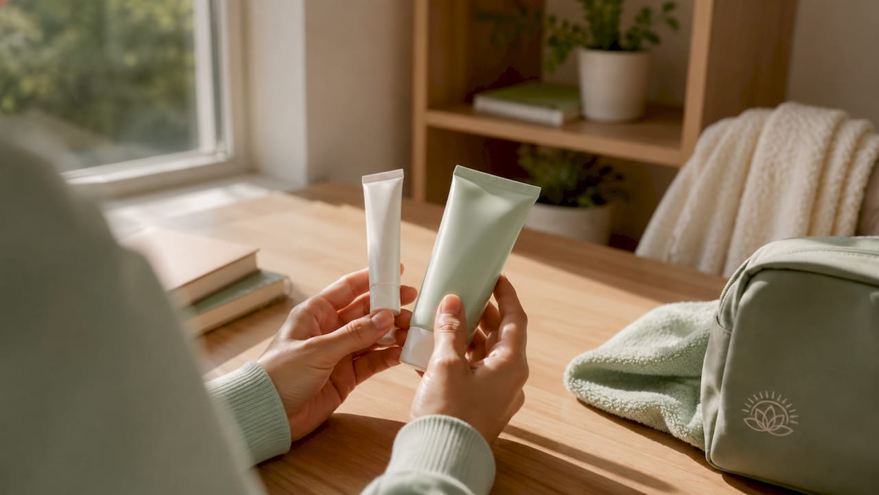 Hands holding acne treatment and moisturizer tubes