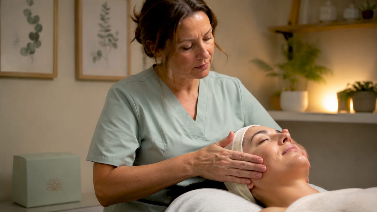 Esthetician giving facial massage for lymphatic drainage