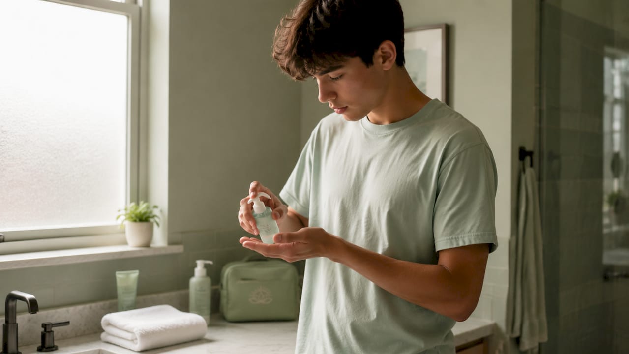 Teen hands holding gentle cleanser in bedroom setting