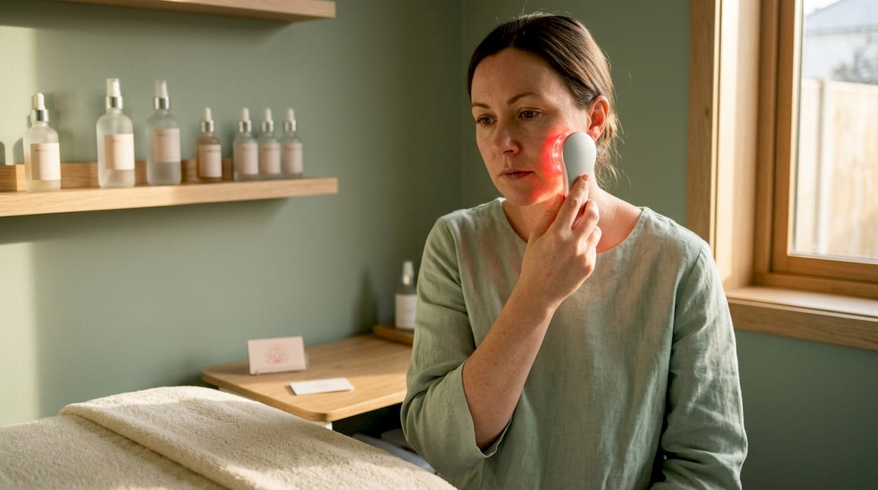 Handheld LED device emitting red light on facial skin