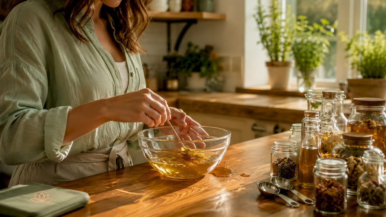 Hands mixing natural skincare ingredients in lab