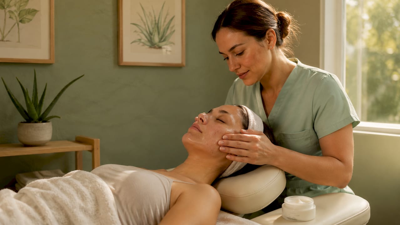 Close-up of face massage during acne facial session