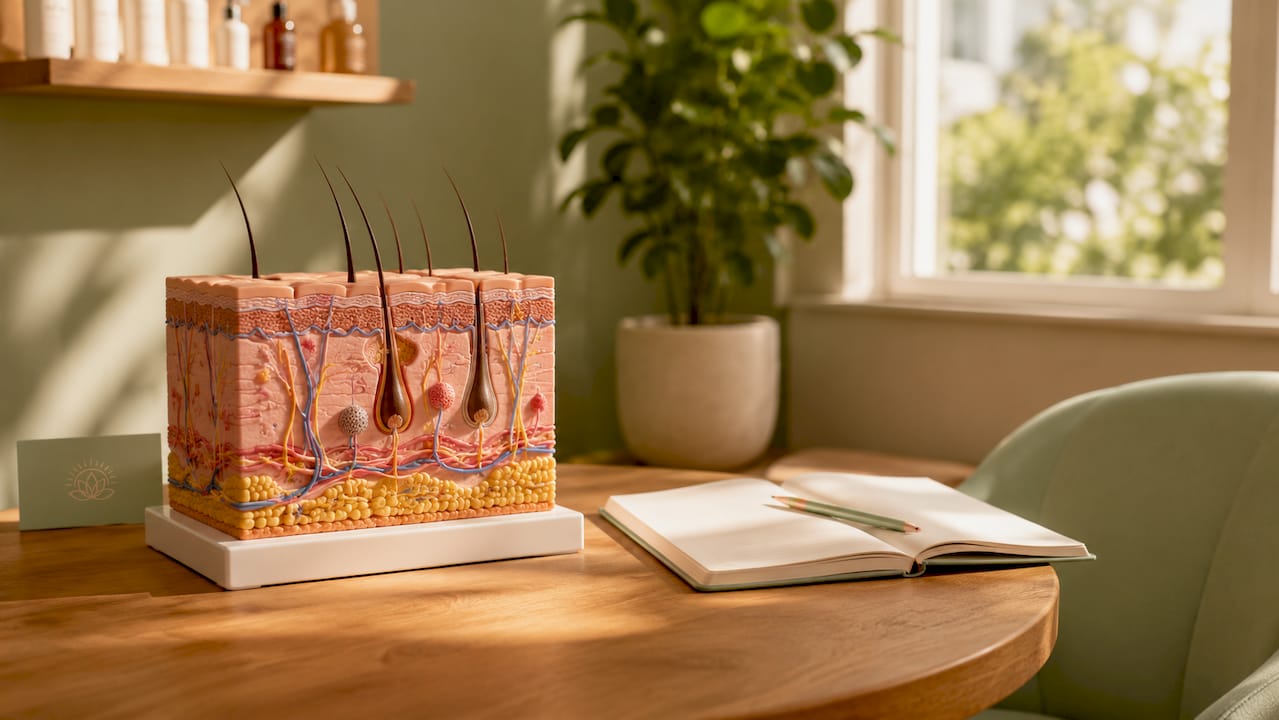 Close-up skin layers model illustrating renewal cycle