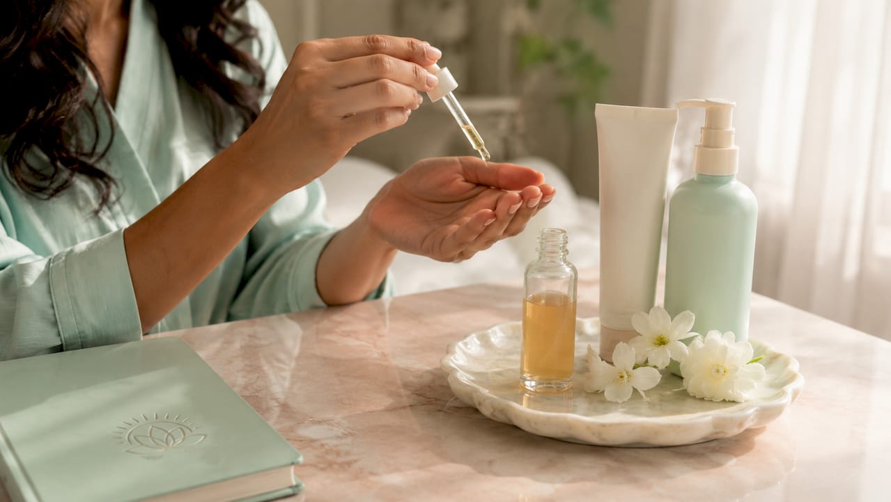 Hands applying vitamin C serum on vanity