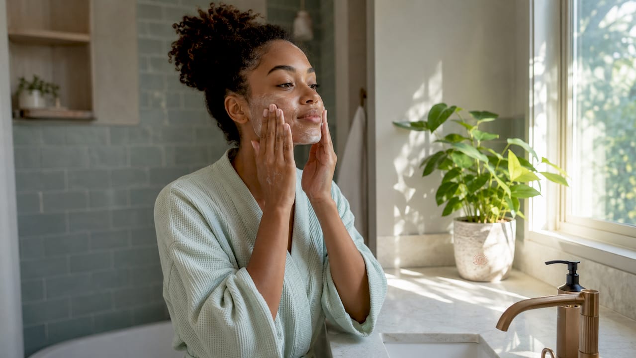 Young woman cleansing face in cozy bedroom