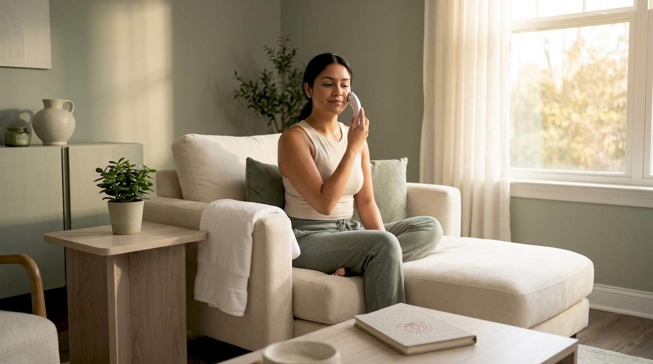 Woman using mini facial device at home