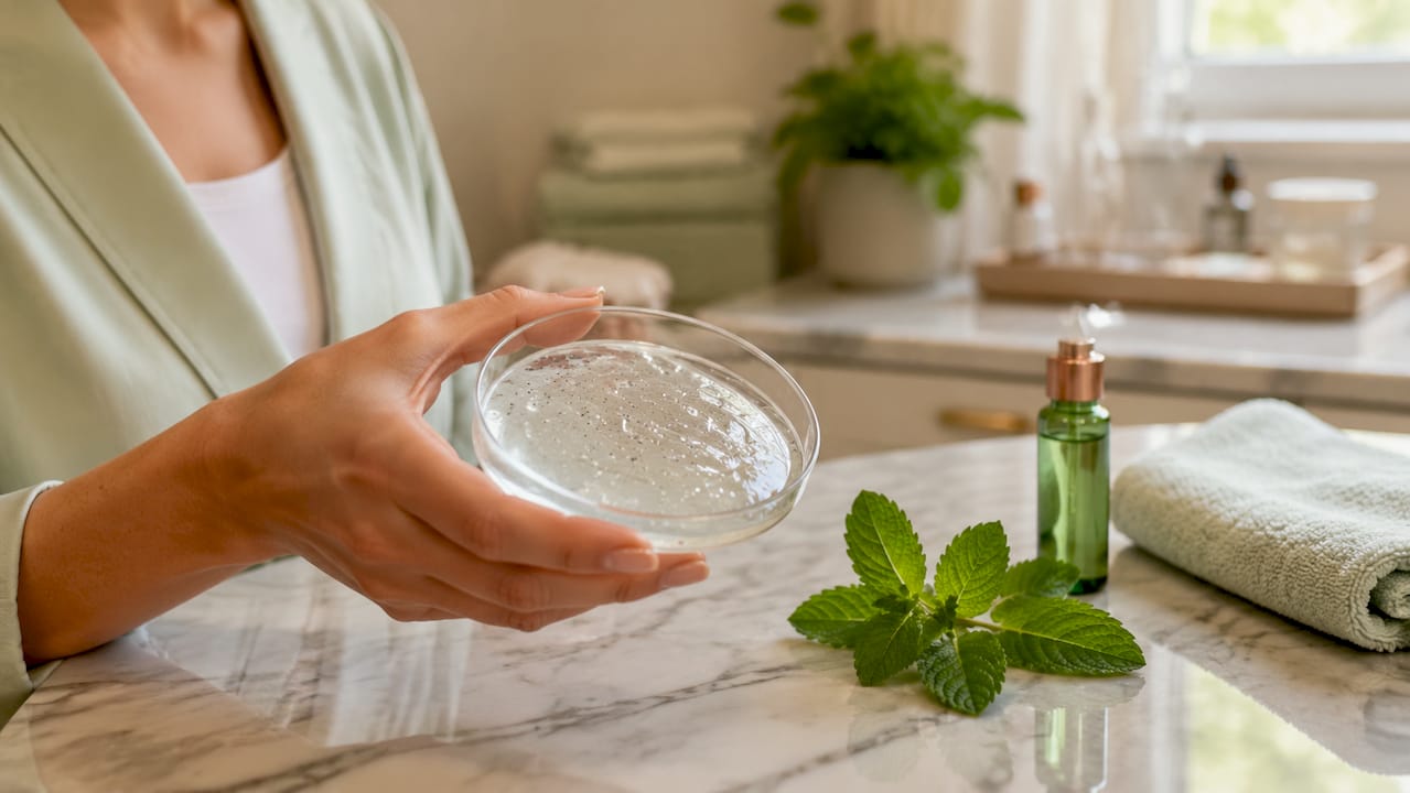Petri dish with glycolic acid gel and aloe sprig